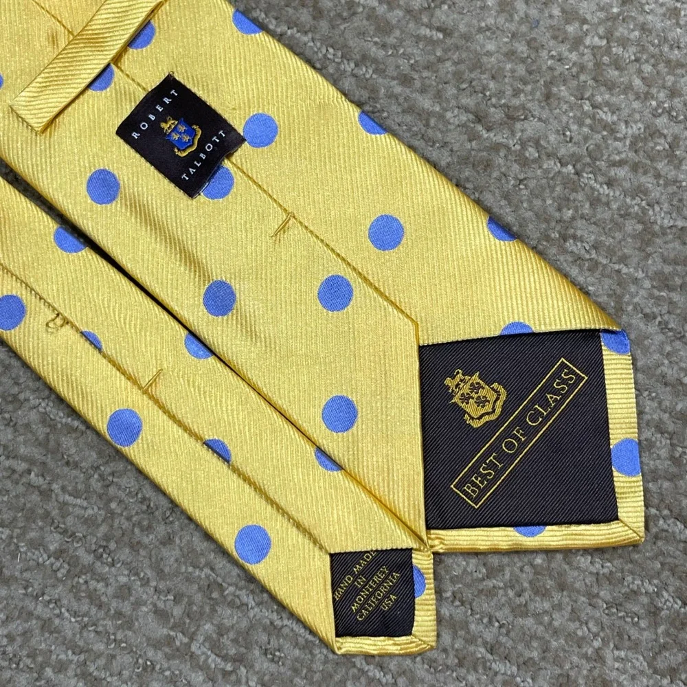 Robert Talbott Necktie Yellow Blue Polka Dot Silk Best of Class Preppy Handmade